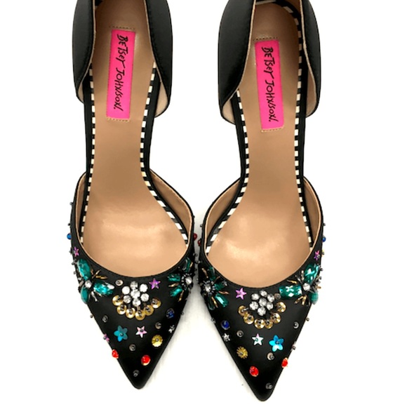 Betsey Johnson Shoes - Betsey Johnson MAYSON Black Satin Beaded Sequin Sparkle Pointed Heel 9.5 Holiday